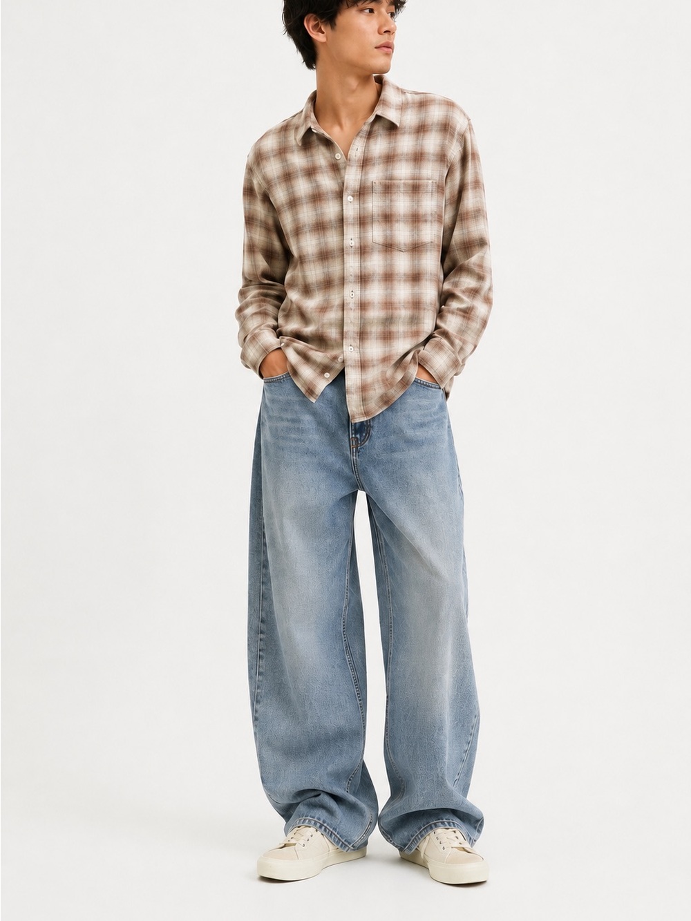 Hollister Men L Relaxed Fit Plaid Flannel Brown Tan Oversized Streetwear Y2K